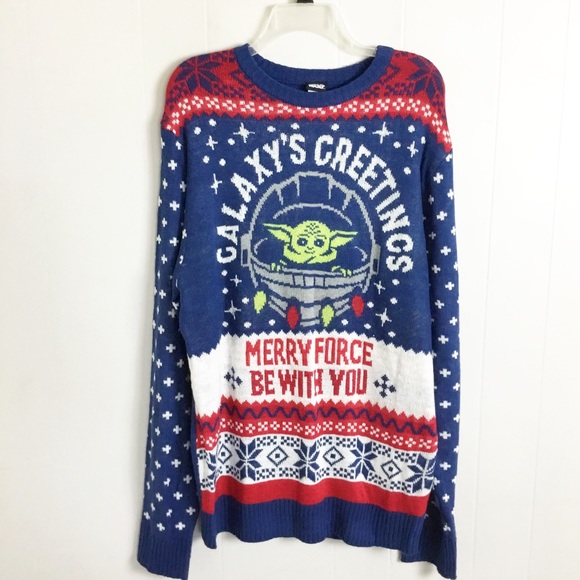 Star Wars Ugly Christmas Sweater L Blue Grogu Baby Yoda Holiday Long Sleeve - Picture 1 of 2